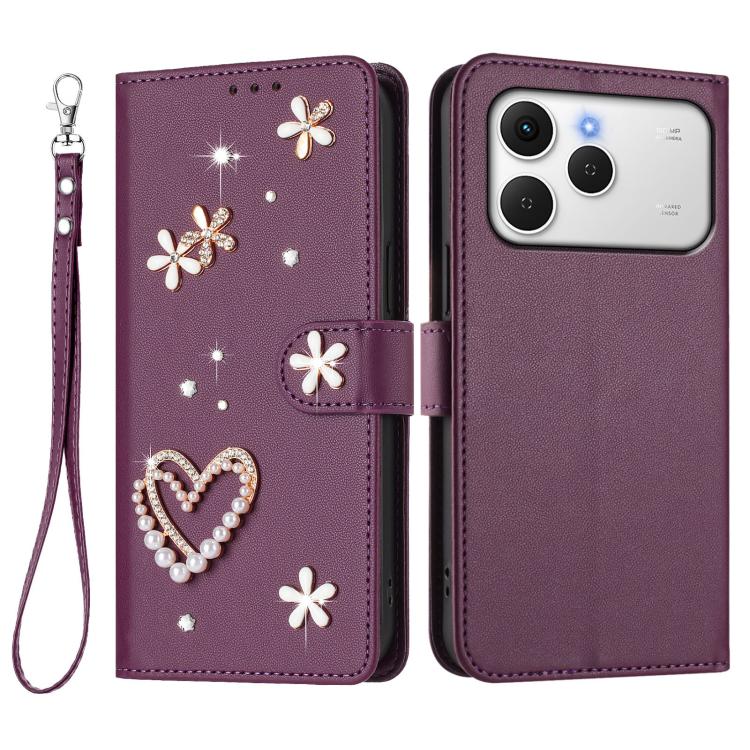 For Tecno Spark 40 4G ZS01 Double-Layer Heart Floral Vegan Leather Phone Case with Wrist Strap
