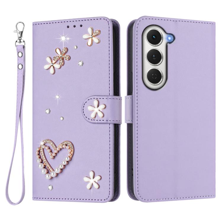 For Tecno Spark 40 Pro 4G ZS01 Double-Layer Heart Floral Vegan Leather Phone Case with Wrist Strap