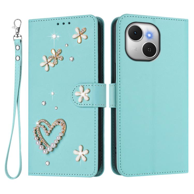 For Tecno Spark 40C ZS01 Double-Layer Heart Floral Vegan Leather Phone Case with Wrist Strap