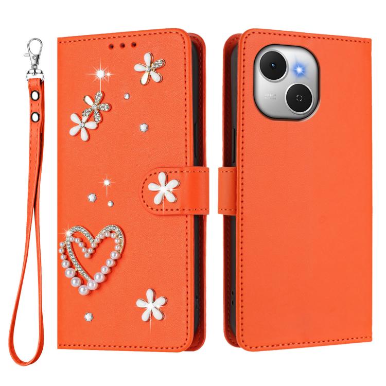 For Tecno Spark 40C ZS01 Double-Layer Heart Floral Vegan Leather Phone Case with Wrist Strap