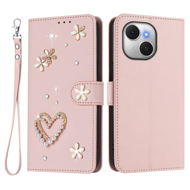 For Tecno Spark 40C ZS01 Double-Layer Heart Floral Vegan Leather Phone Case with Wrist Strap