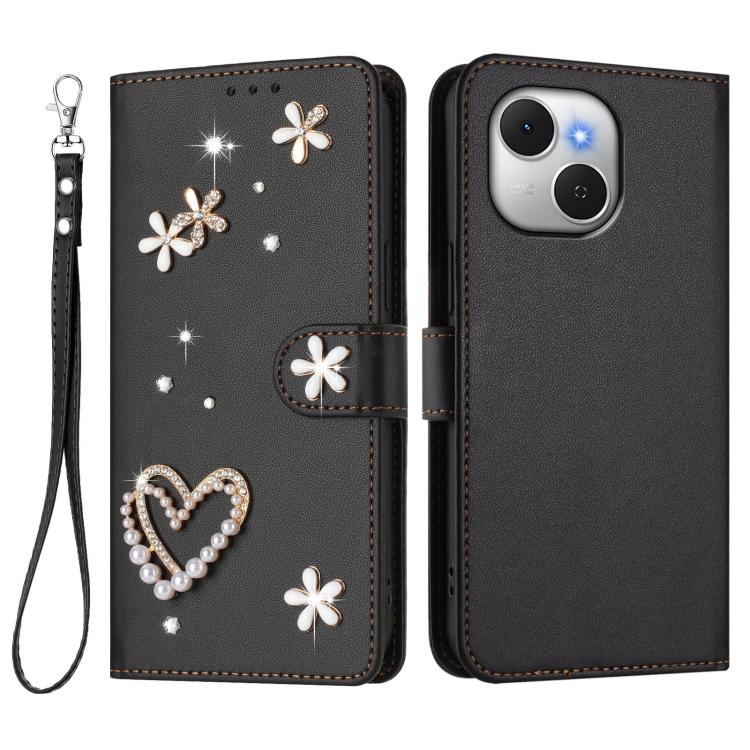 For Tecno Spark 40C ZS01 Double-Layer Heart Floral Vegan Leather Phone Case with Wrist Strap