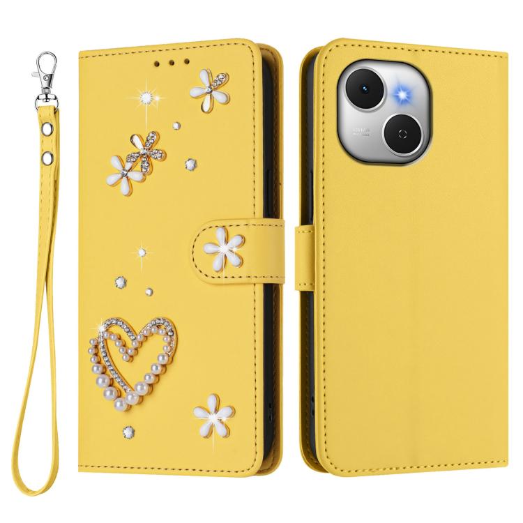 For Tecno Spark 40C ZS01 Double-Layer Heart Floral Vegan Leather Phone Case with Wrist Strap