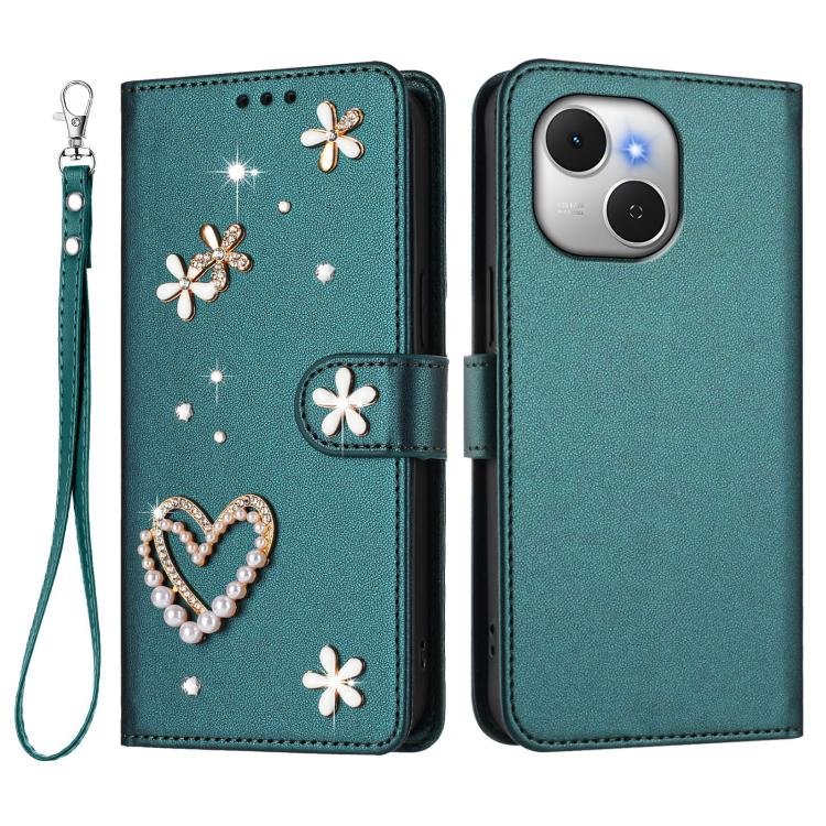 For Tecno Spark 40C ZS01 Double-Layer Heart Floral Vegan Leather Phone Case with Wrist Strap