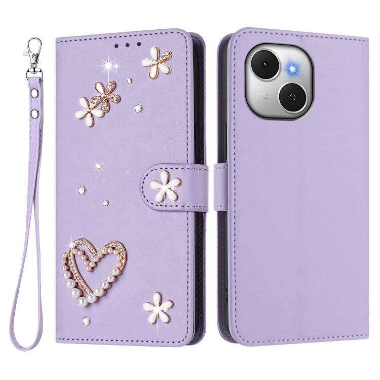 For Tecno Spark 40C ZS01 Double-Layer Heart Floral Vegan Leather Phone Case with Wrist Strap