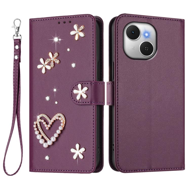 For Tecno Spark 40C ZS01 Double-Layer Heart Floral Vegan Leather Phone Case with Wrist Strap