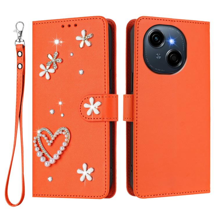 For Tecno Spark Go 1 / Spark Go 2025 ZS01 Double-Layer Heart Floral Vegan Leather Phone Case with Wrist Strap