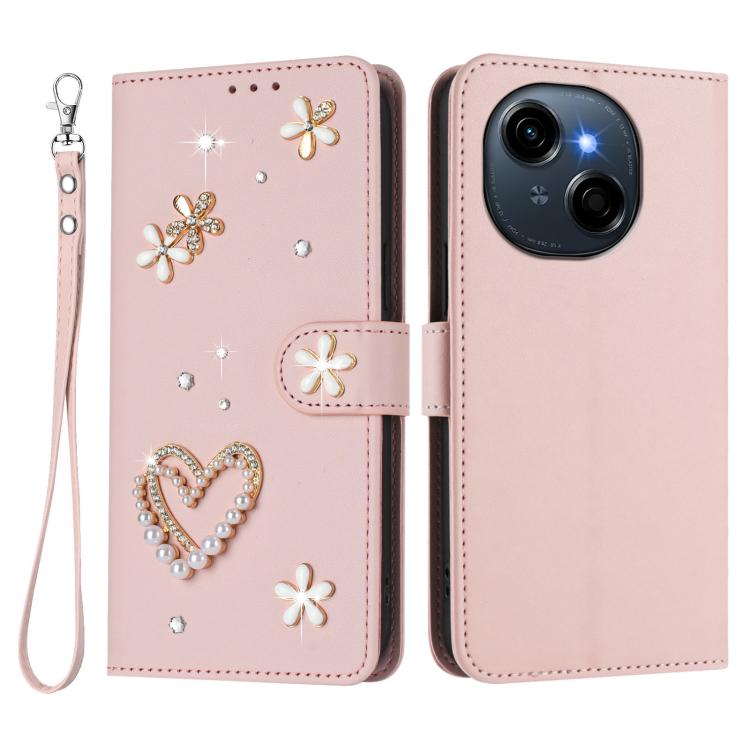 For Tecno Spark Go 1 / Spark Go 2025 ZS01 Double-Layer Heart Floral Vegan Leather Phone Case with Wrist Strap