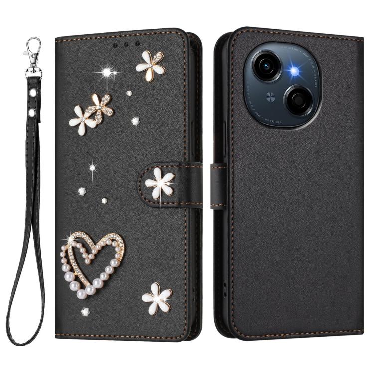 For Tecno Spark Go 1 / Spark Go 2025 ZS01 Double-Layer Heart Floral Vegan Leather Phone Case with Wrist Strap