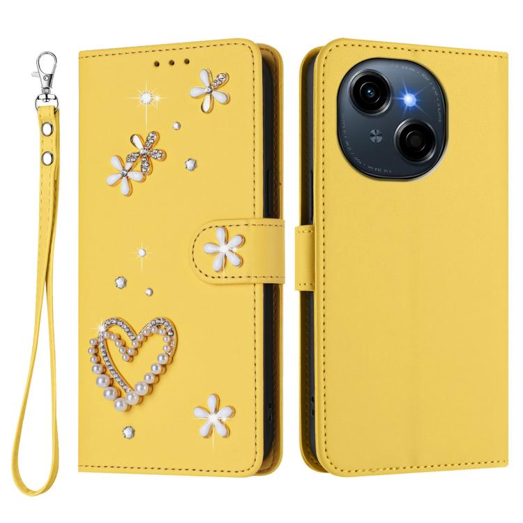For Tecno Spark Go 1 / Spark Go 2025 ZS01 Double-Layer Heart Floral Vegan Leather Phone Case with Wrist Strap