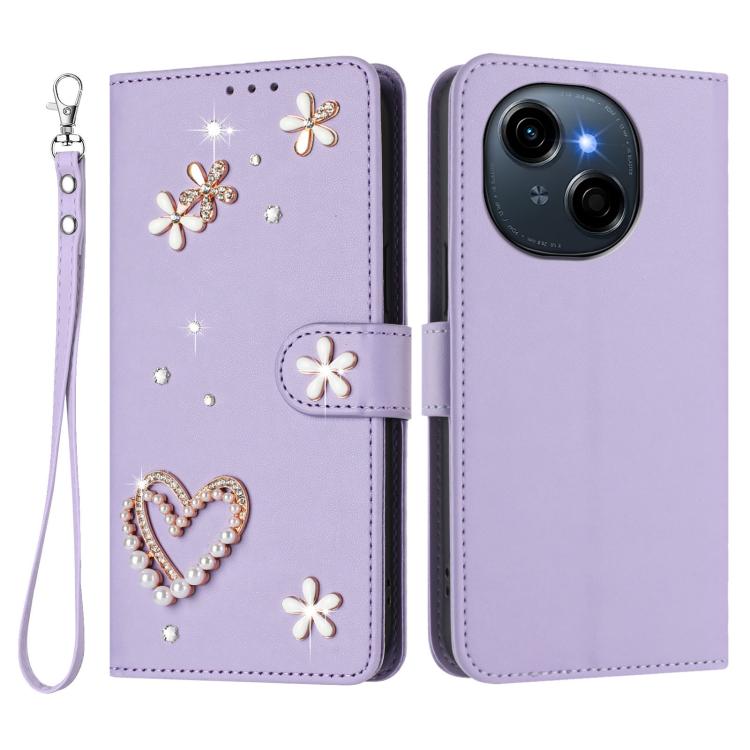 For Tecno Spark Go 1 / Spark Go 2025 ZS01 Double-Layer Heart Floral Vegan Leather Phone Case with Wrist Strap