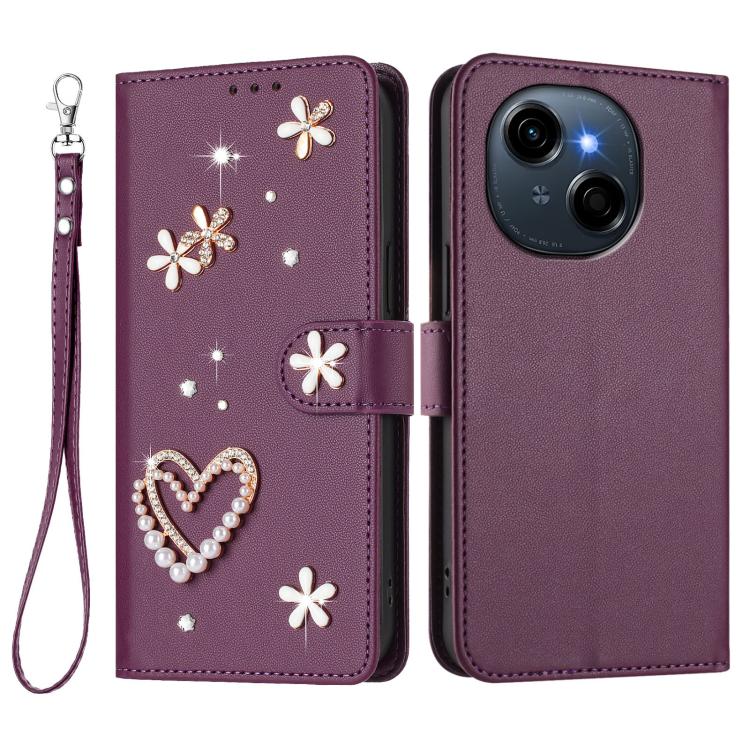 For Tecno Spark Go 1 / Spark Go 2025 ZS01 Double-Layer Heart Floral Vegan Leather Phone Case with Wrist Strap