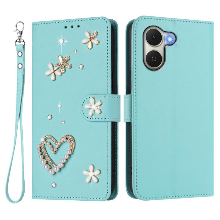 For Tecno Spark Go 3 ZS01 Double-Layer Heart Floral Vegan Leather Phone Case with Wrist Strap