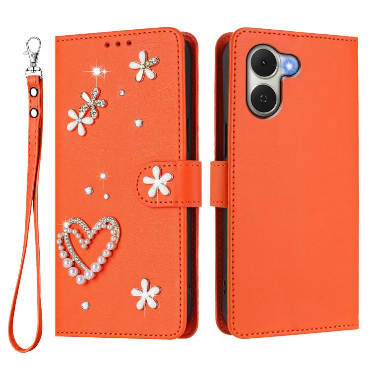 For Tecno Spark Go 3 ZS01 Double-Layer Heart Floral Vegan Leather Phone Case with Wrist Strap