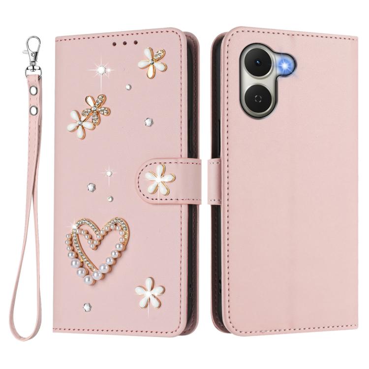 For Tecno Spark Go 3 ZS01 Double-Layer Heart Floral Vegan Leather Phone Case with Wrist Strap