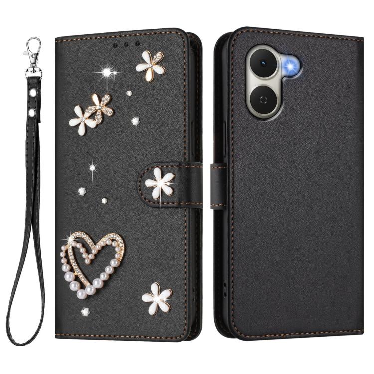For Tecno Spark Go 3 ZS01 Double-Layer Heart Floral Vegan Leather Phone Case with Wrist Strap