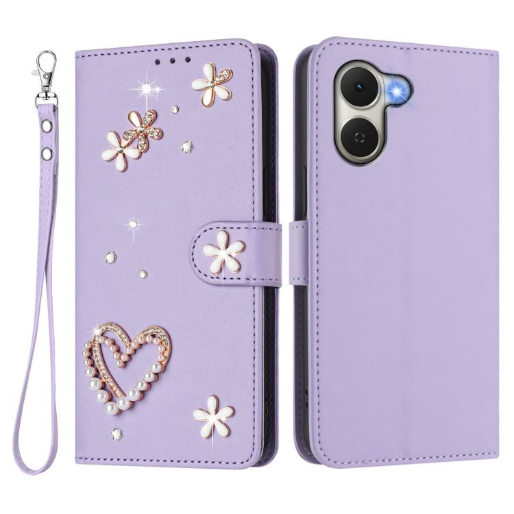 For Tecno Spark Go 3 ZS01 Double-Layer Heart Floral Vegan Leather Phone Case with Wrist Strap