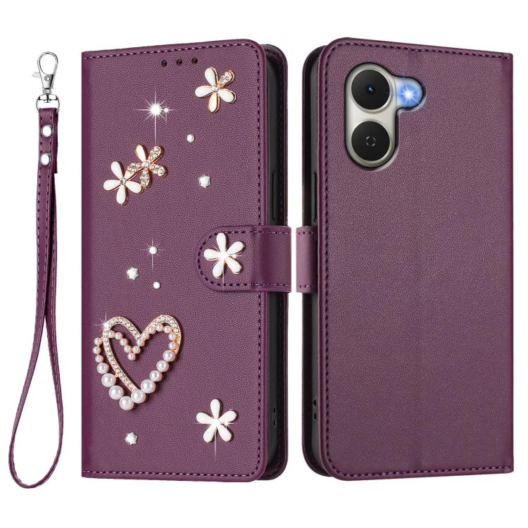 For Tecno Spark Go 3 ZS01 Double-Layer Heart Floral Vegan Leather Phone Case with Wrist Strap