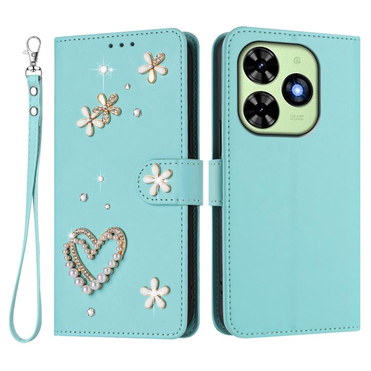 For Tecno Spark Go 2024 4G / Spark 20C 4G ZS01 Double-Layer Heart Floral Vegan Leather Phone Case with Wrist Strap