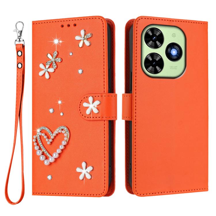 For Tecno Spark Go 2024 4G / Spark 20C 4G ZS01 Double-Layer Heart Floral Vegan Leather Phone Case with Wrist Strap