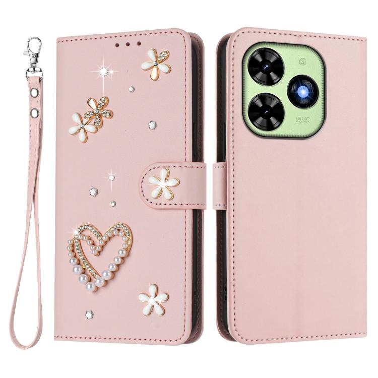 For Tecno Spark Go 2024 4G / Spark 20C 4G ZS01 Double-Layer Heart Floral Vegan Leather Phone Case with Wrist Strap