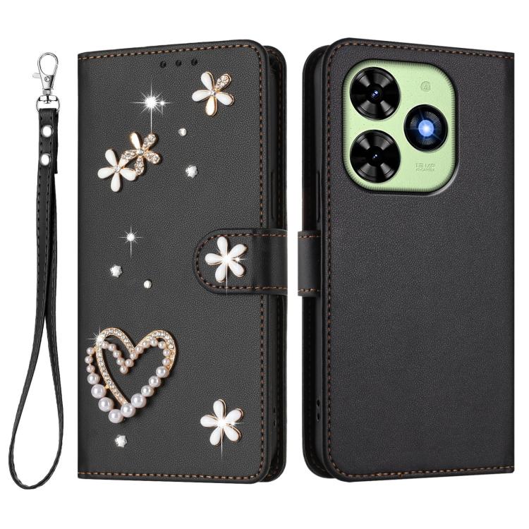For Tecno Spark Go 2024 4G / Spark 20C 4G ZS01 Double-Layer Heart Floral Vegan Leather Phone Case with Wrist Strap