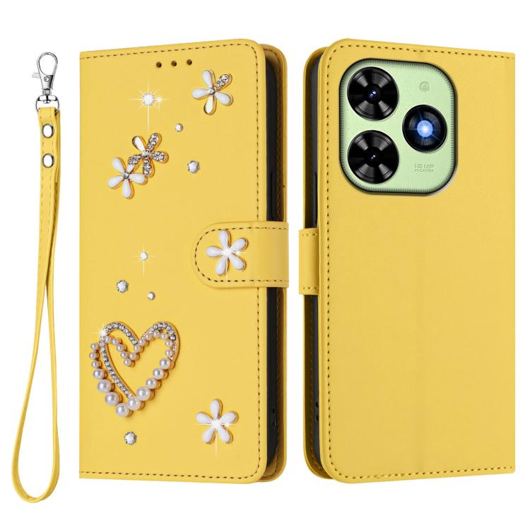 For Tecno Spark Go 2024 4G / Spark 20C 4G ZS01 Double-Layer Heart Floral Vegan Leather Phone Case with Wrist Strap
