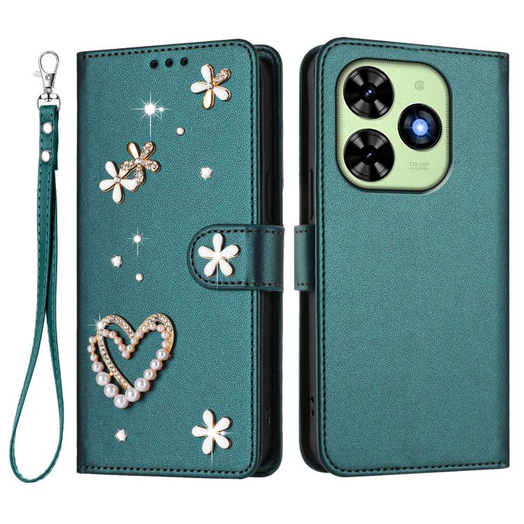For Tecno Spark Go 2024 4G / Spark 20C 4G ZS01 Double-Layer Heart Floral Vegan Leather Phone Case with Wrist Strap