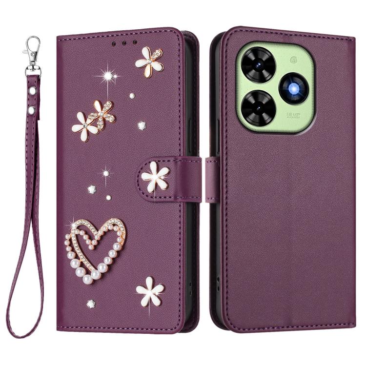 For Tecno Spark Go 2024 4G / Spark 20C 4G ZS01 Double-Layer Heart Floral Vegan Leather Phone Case with Wrist Strap