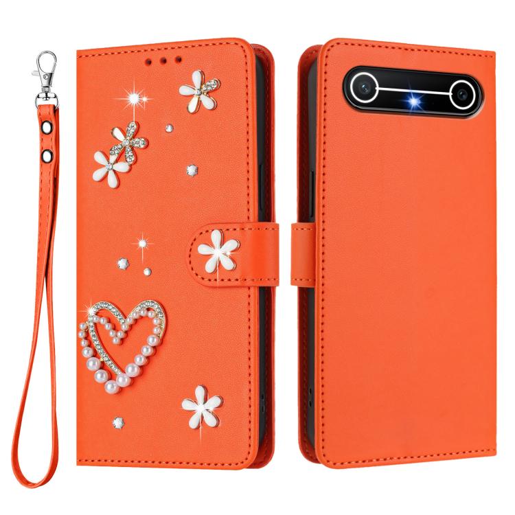 For Tenco Pova Slim 5G / Spark Slim 5G ZS01 Double-Layer Heart Floral Vegan Leather Phone Case with Wrist Strap