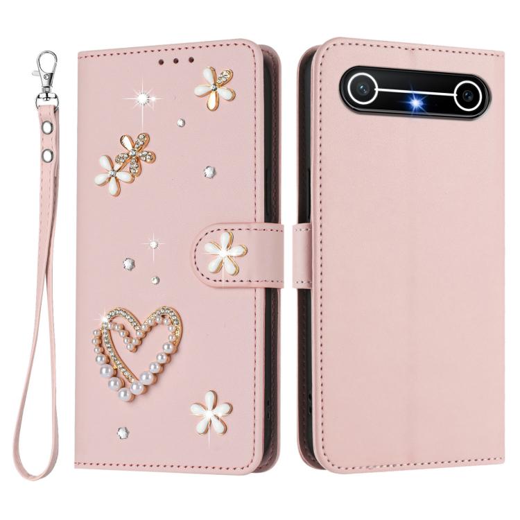For Tenco Pova Slim 5G / Spark Slim 5G ZS01 Double-Layer Heart Floral Vegan Leather Phone Case with Wrist Strap