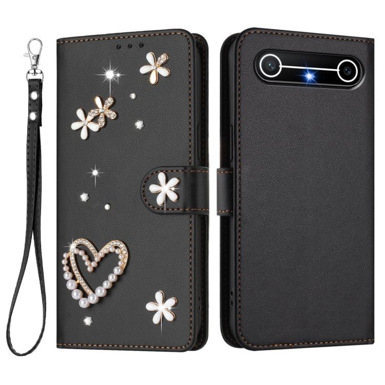 For Tenco Pova Slim 5G / Spark Slim 5G ZS01 Double-Layer Heart Floral Vegan Leather Phone Case with Wrist Strap