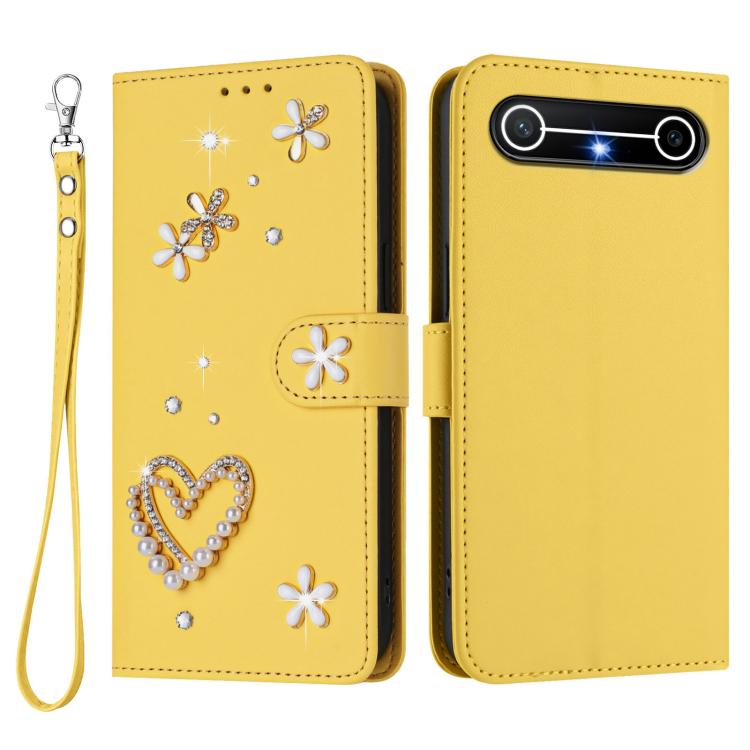 For Tenco Pova Slim 5G / Spark Slim 5G ZS01 Double-Layer Heart Floral Vegan Leather Phone Case with Wrist Strap