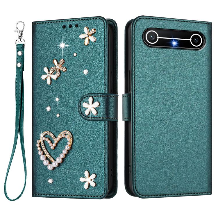 For Tenco Pova Slim 5G / Spark Slim 5G ZS01 Double-Layer Heart Floral Vegan Leather Phone Case with Wrist Strap