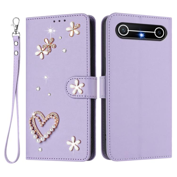 For Tenco Pova Slim 5G / Spark Slim 5G ZS01 Double-Layer Heart Floral Vegan Leather Phone Case with Wrist Strap