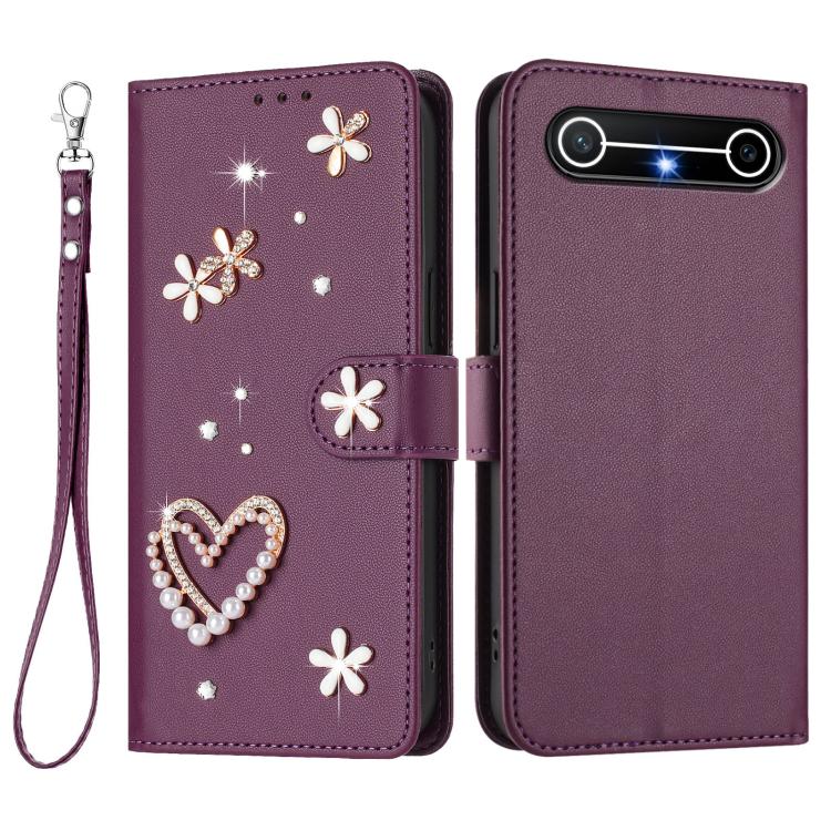 For Tenco Pova Slim 5G / Spark Slim 5G ZS01 Double-Layer Heart Floral Vegan Leather Phone Case with Wrist Strap