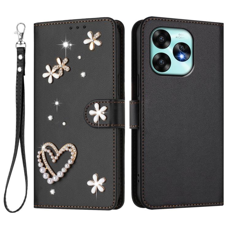 For Umidigi A15 / A15C / A15T ZS01 Double-Layer Heart Floral Vegan Leather Phone Case with Wrist Strap