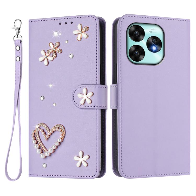 For Umidigi A15 / A15C / A15T ZS01 Double-Layer Heart Floral Vegan Leather Phone Case with Wrist Strap