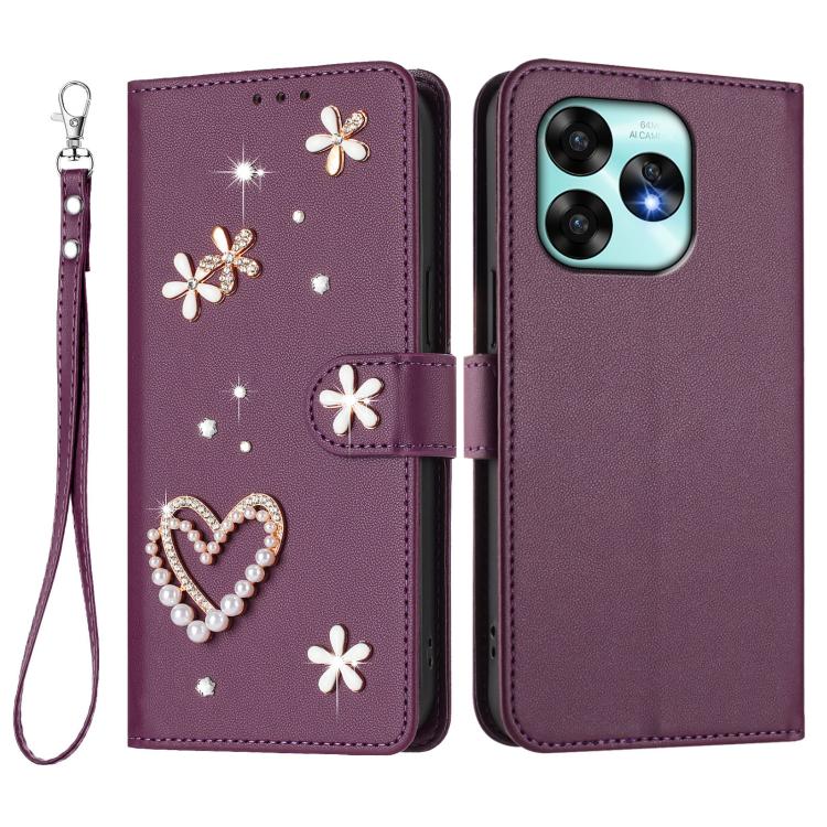 For Umidigi A15 / A15C / A15T ZS01 Double-Layer Heart Floral Vegan Leather Phone Case with Wrist Strap