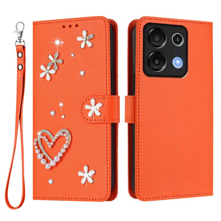 For Umidigi G9 5G / Note 9 5G ZS01 Double-Layer Heart Floral Vegan Leather Phone Case with Wrist Strap
