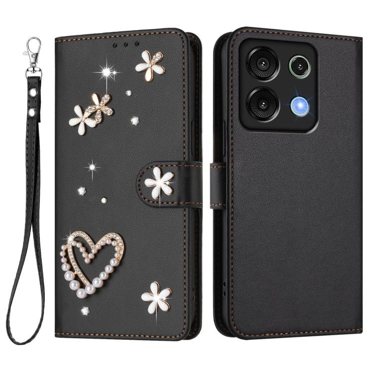 For Umidigi G9 5G / Note 9 5G ZS01 Double-Layer Heart Floral Vegan Leather Phone Case with Wrist Strap
