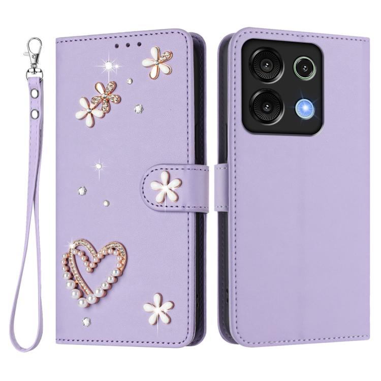 For Umidigi G9 5G / Note 9 5G ZS01 Double-Layer Heart Floral Vegan Leather Phone Case with Wrist Strap