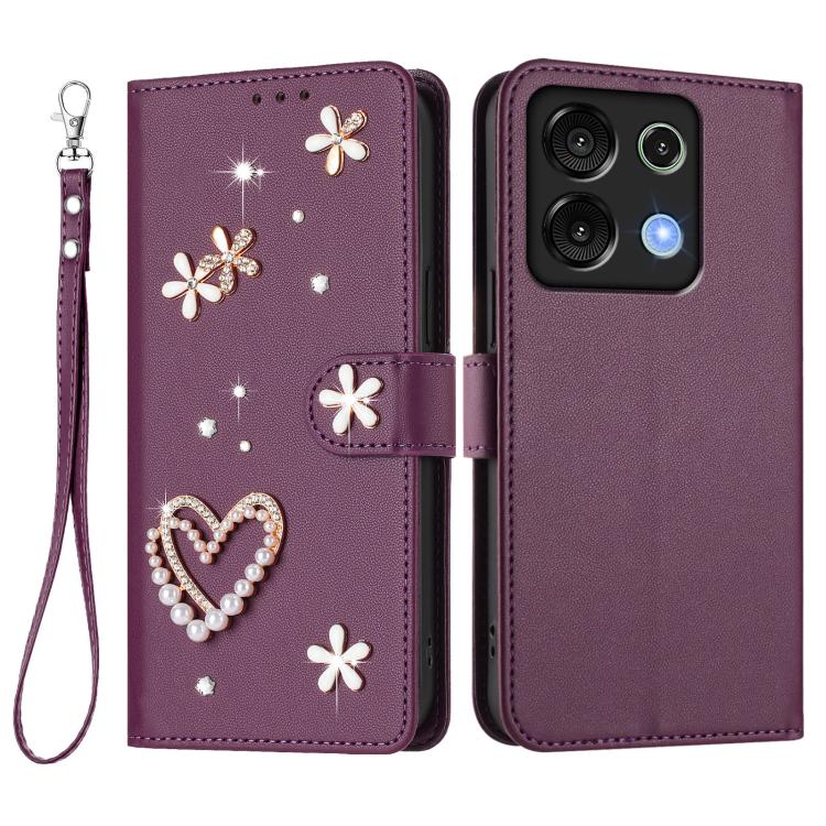 For Umidigi G9 5G / Note 9 5G ZS01 Double-Layer Heart Floral Vegan Leather Phone Case with Wrist Strap