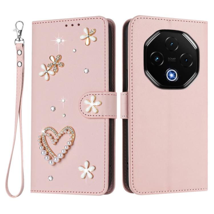 For Umidigi G100 Pro ZS01 Double-Layer Heart Floral Vegan Leather Phone Case with Wrist Strap