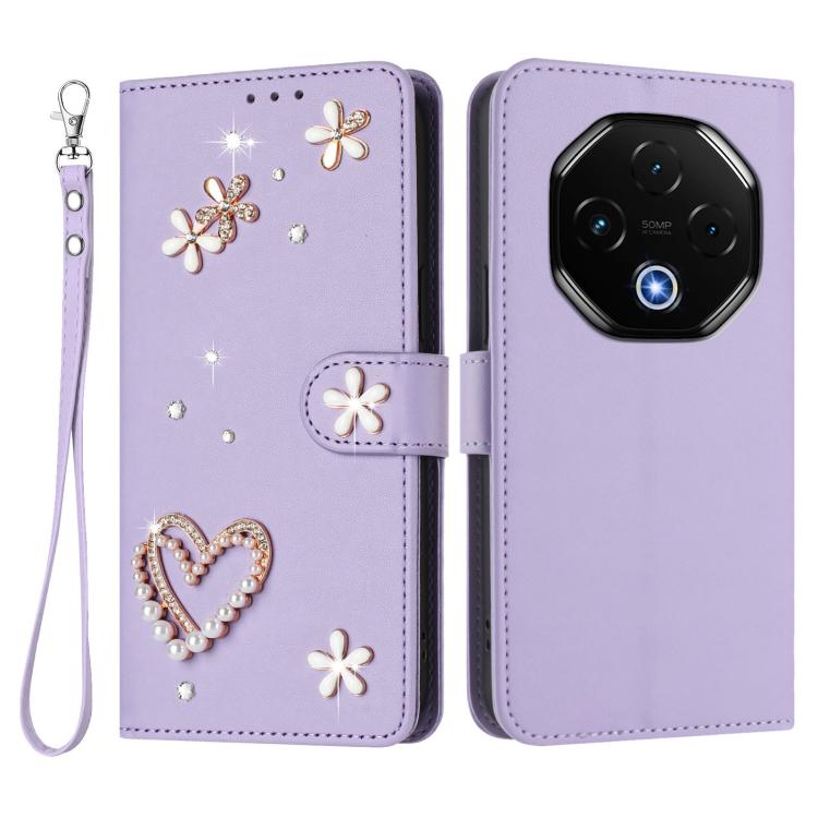For Umidigi G100 Pro ZS01 Double-Layer Heart Floral Vegan Leather Phone Case with Wrist Strap