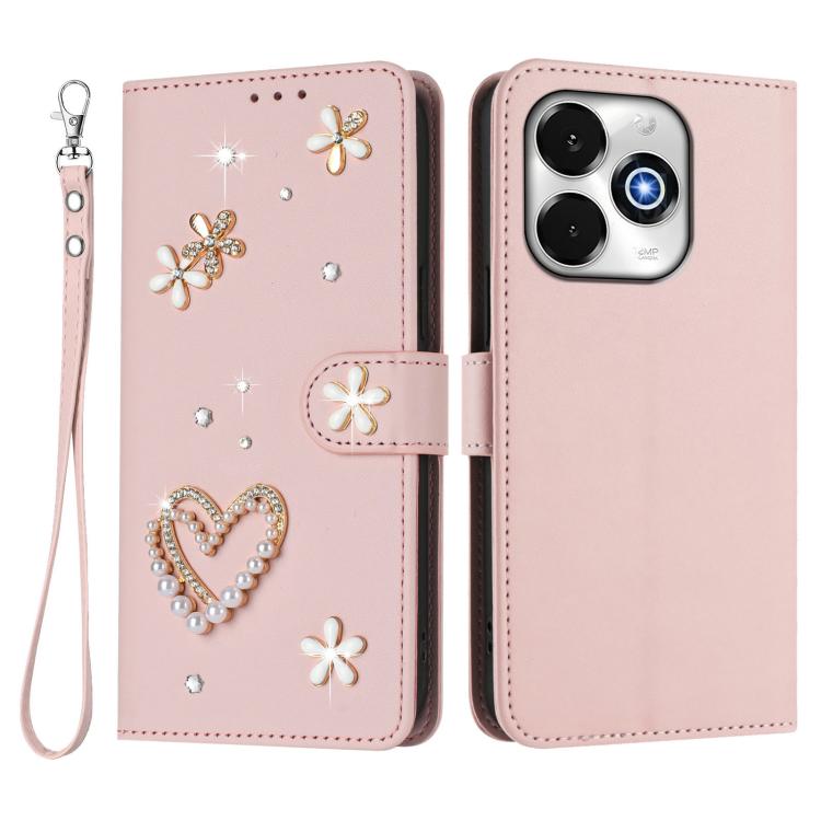 For Umidigi G100X 5G/G9X/Note 100X 5G ZS01 Double-Layer Heart Floral Vegan Leather Phone Case with Wrist Strap