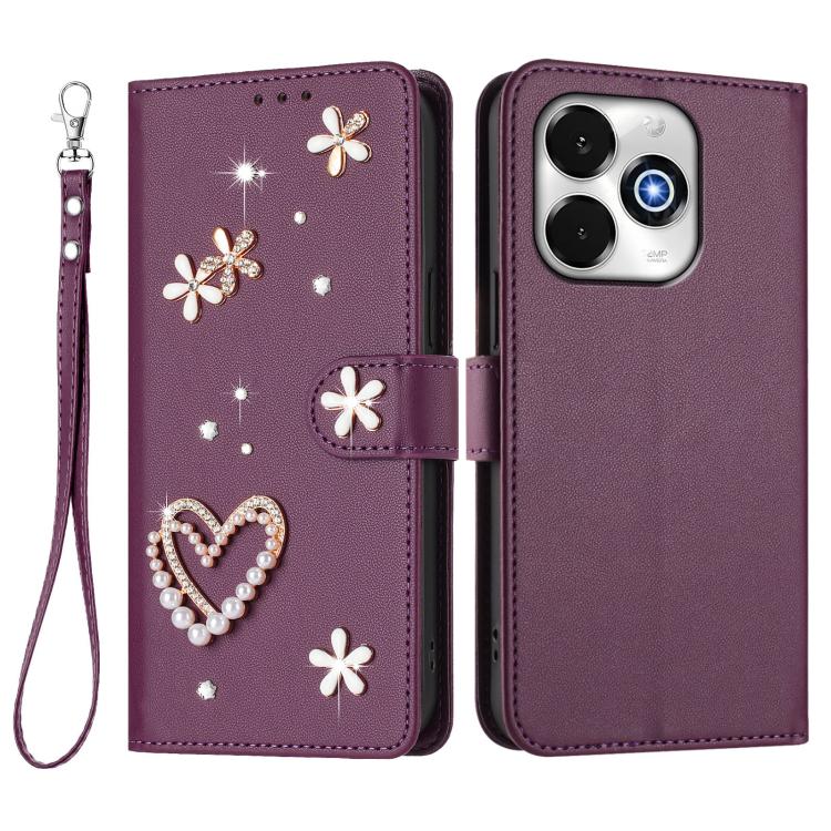 For Umidigi G100X 5G/G9X/Note 100X 5G ZS01 Double-Layer Heart Floral Vegan Leather Phone Case with Wrist Strap