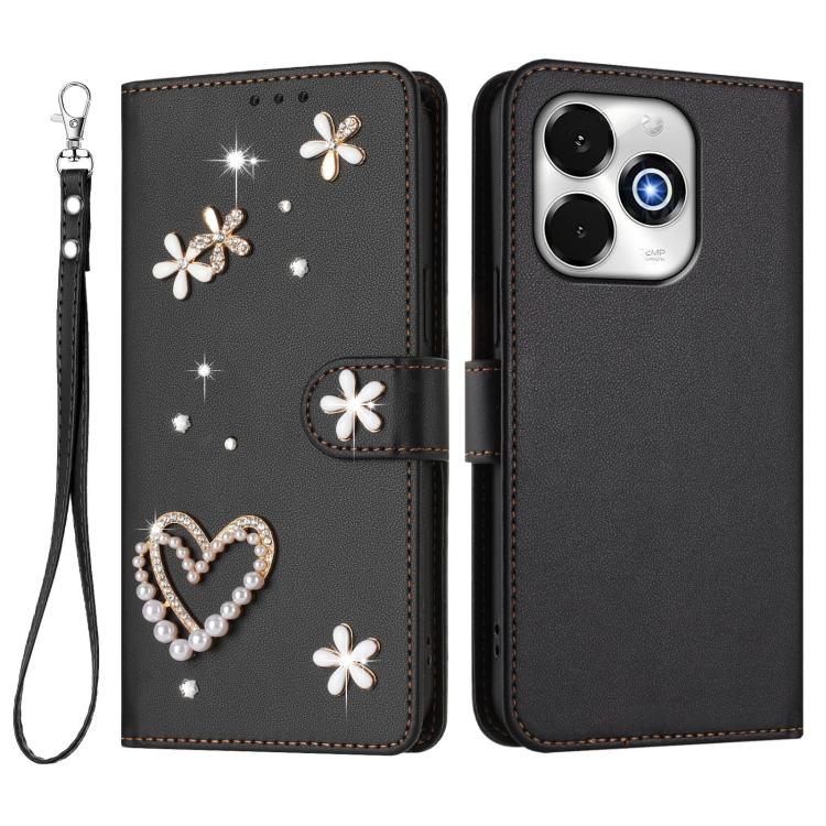 For Umidigi G100X 4G ZS01 Double-Layer Heart Floral Vegan Leather Phone Case with Wrist Strap