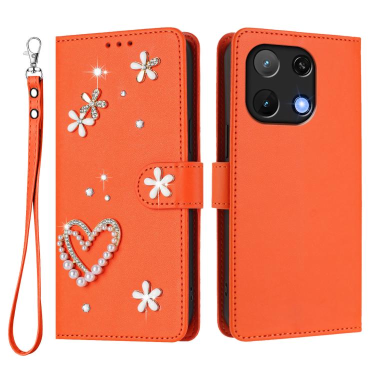 For Umidigi Note 90 ZS01 Double-Layer Heart Floral Vegan Leather Phone Case with Wrist Strap