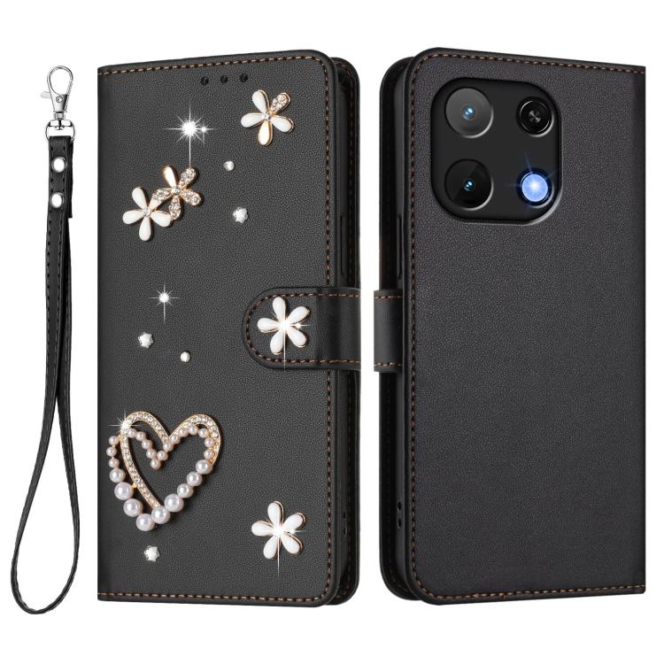 For Umidigi Note 90 ZS01 Double-Layer Heart Floral Vegan Leather Phone Case with Wrist Strap